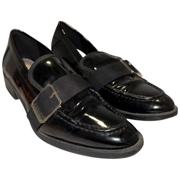ZARA Vegan Patent Leather Loafers 38 7.5 Low Heel Buckle Detail Goth Preppy Faux - Picture 13 of 16